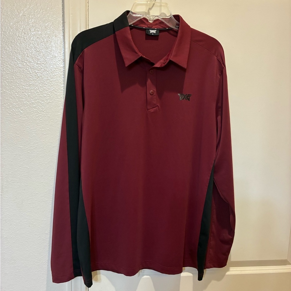 PXG Men's Long Sleeve Shoulder Panel Polo in burgundy with black Golf Shirt XL